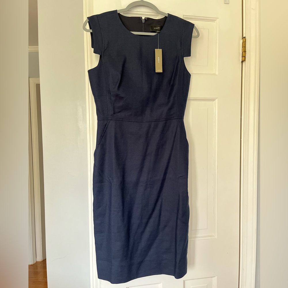 J. Crew résumé dress in stretch linen blend, size 4, navy, new with tags